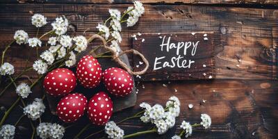AI generated Easter dark red eggs and spring white flowers photo