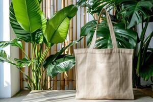 ai generado eco simpático bolso diseño, hecho de sostenible natural fibras me gusta algodón, yute, o cáñamo. reutilizable compras totalizador promueve un verde estilo de vida y cero residuos viviendo. foto