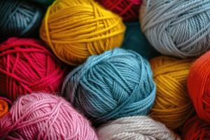 AI generated Many different balls of wool or yarn. Handicraft and hobby theme. photo