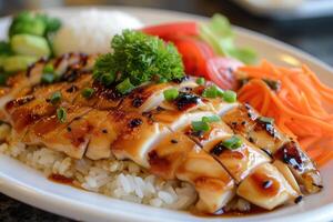 AI generated Roasted chicken with a side of rice and vegetables. Asian cuisine photo