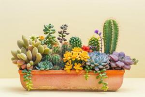 AI generated Group of various indoor cacti and succulent plants in pot photo