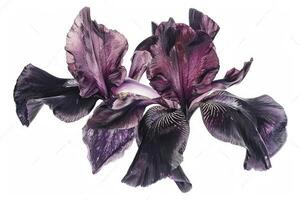 AI generated Beautiful dark purple iris flower isolated on white background. photo