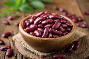 AI generated Closeup red beans or kidney bean in wooden bowl isolated on wood table background. photo