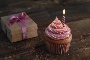 AI generated Cupcake with birthday candle and gift box. photo