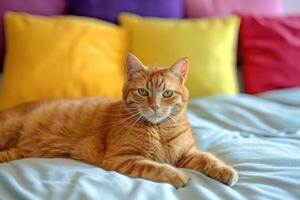 AI generated Cat with color pillows behind him on a bed. photo