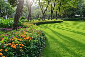 AI generated Multi-colored flower bed in the park. Outdoor summer gardening. photo