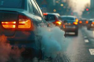 ai generado transporte viaje tráfico Enjambres en carreteras con aire contaminación, fumar desde coche cansada tubería. foto