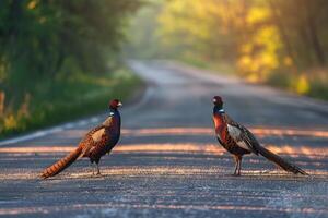 ai generado faisanes en pie en el la carretera cerca bosque a temprano Mañana o noche tiempo. la carretera peligros, fauna silvestre y transporte. foto