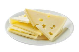 AI generated Cheese slices on white plate isolated on white background. photo