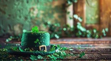 AI generated Celebrating Saint Patricks day in Ireland with a glass of green beer. St Patricks day background. photo