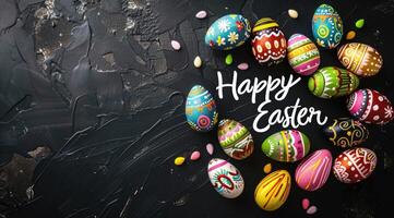 AI generated Happy Easter text with beautiful colorful eggs. photo