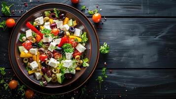 AI generated Fresh homemade vegetable salad with feta cheese and olives on a dark wooden background. photo