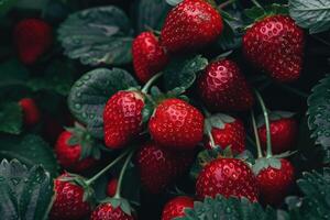 AI generated Red large ripe strawberries close-up. Harvest berries. photo