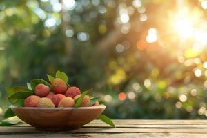 AI generated Front view of fresh ripe lychee fruit and peeled lychee with green leaves on wooden bowl and blur garden background. photo
