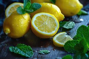 AI generated Lemons and mint on a dark wood background. photo