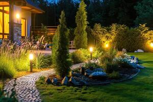 AI generated Light posts illuminated backyard garden during night hours. Modern backyard outdoor lighting systems. photo