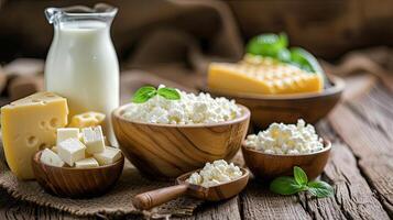 AI generated Dairy products on wooden table. photo