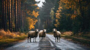 AI generated Sheeps standing on the road near forest at early morning or evening time. Road hazards, wildlife and transport. photo