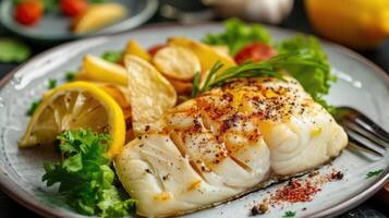 AI generated Fillet of fish and salad on a plate photo