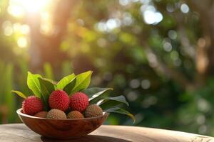 AI generated Front view of fresh ripe lychee fruit and peeled lychee with green leaves on wooden bowl and blur garden background. photo