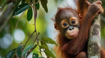 AI generated Baby orangutan in his natural environment in the rainforest photo