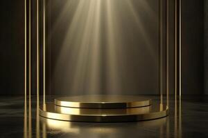 AI generated Podium product stand or display with gold, luxury background and cinematic light. photo