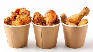 AI generated Collection of golden brown and crispy roasted Fried chicken served on a brown paper bucket isoalted on white background. photo