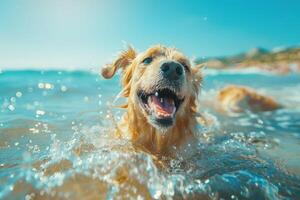 ai generado contento perrito perro jugando en el agua, nadar, disfrutando vacaciones fiesta en caliente soleado día. foto