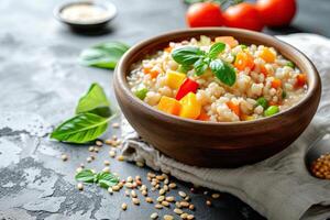 ai generado sabroso perla cebada gachas de avena con vegetales en ligero texturizado mesa foto