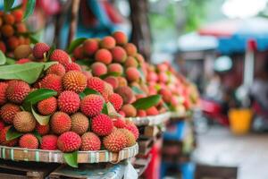 AI generated Stack of lychees on a market stall. photo
