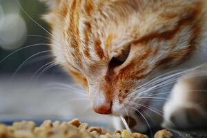 ai generado de cerca de gato comiendo seco comida desde bol. foto