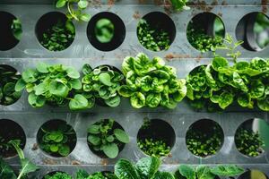 AI generated Fresh organic leafy greens growing in agricultural greenhouse. photo