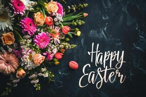 AI generated Happy easter text with beautiful colorful flowers bouquet. photo