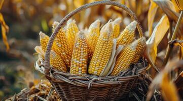 AI generated Corn cobs in basket at the field corn farm. photo