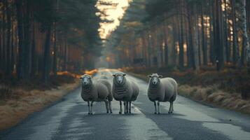 AI generated Sheeps standing on the road near forest at early morning or evening time. Road hazards, wildlife and transport. photo