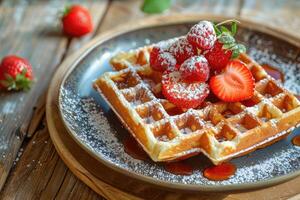 AI generated Waffles with strawberries sprinkled with sugar powder. photo