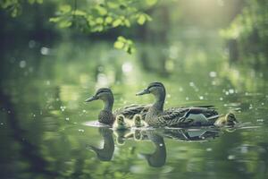 AI generated Duck family enjoy summer pond. photo