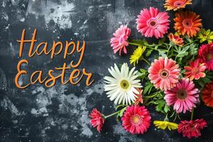 AI generated Happy easter text with beautiful colorful flowers bouquet. photo