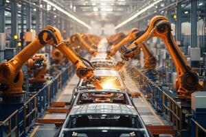 AI generated Modern car manufacturing factory, automobile assembly line, automotive industry. photo