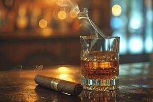 AI generated Whiskey and cigar on table. photo