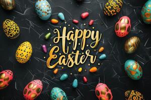 AI generated Happy Easter text with beautiful colorful eggs. photo