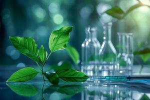 ai generado biotecnología concepto con verde planta hojas, laboratorio cristalería, y conductible investigación foto