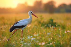 ai generado blanco cigüeña ciconia ciconia el pájaro es caminando en el prado amanecer. foto