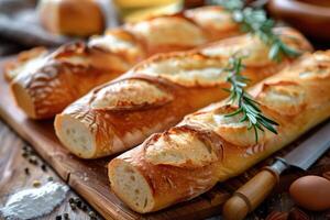 AI generated Chopped loaves of freshly baked french baguette bread on wooden table. photo