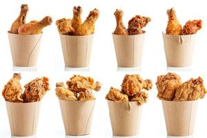 AI generated Collection of golden brown and crispy roasted Fried chicken served on a brown paper bucket isoalted on white background. photo