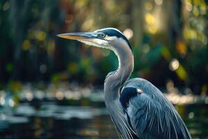 AI generated Selective focus shot of a beautiful great blue heron. photo