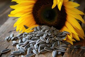 AI generated Organic sunflower seeds and flowers on wooden table photo