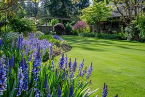 ai generado de cerca de púrpura floración plantas en jardín foto