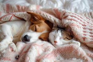 AI generated Cute dog and cat sleeping together in bed under blanket. Friendship of cute pets concept. photo