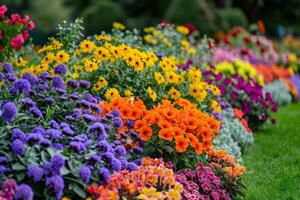 AI generated Multi-colored flower bed in the park. Outdoor summer gardening. photo